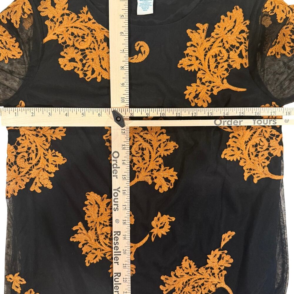 Sundance Black Mesh Blouse XS Burnt Orange Embroidered Floral Sheer Sleeve - Picture 9 of 9